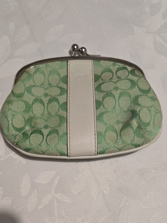 Coach Handbags - Rare Coach Green Signature Coin Purse with White Trim